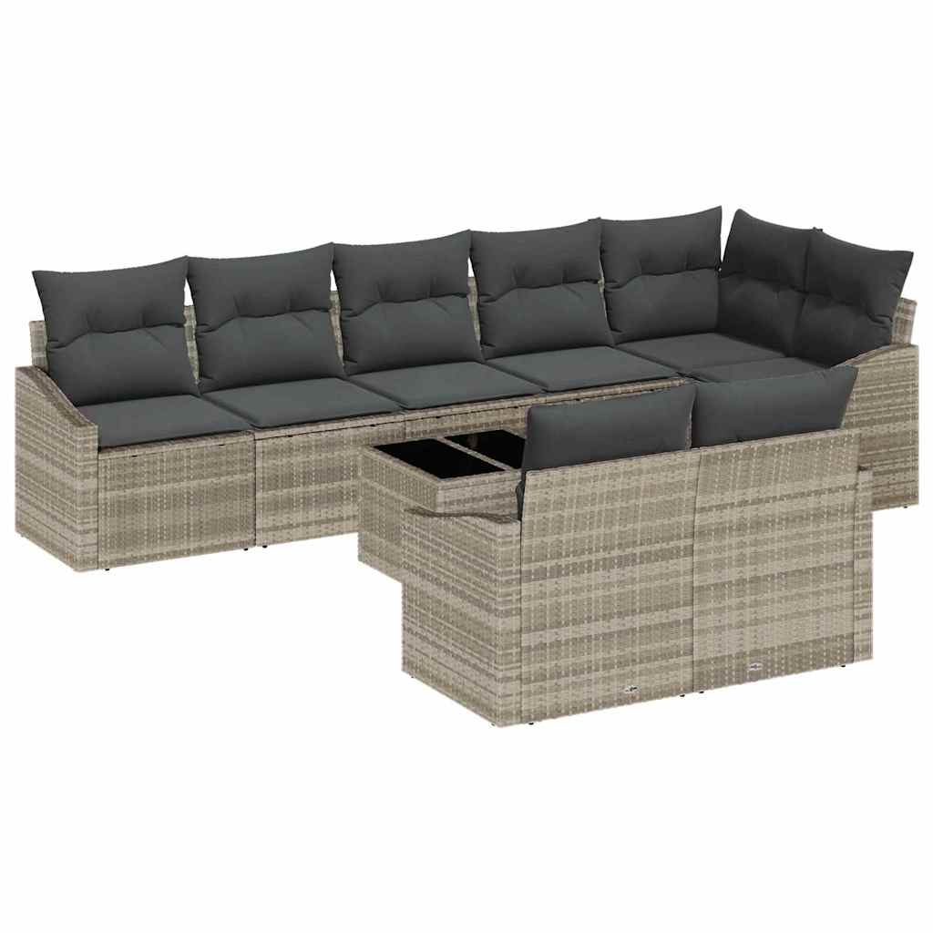 9 Piece Sofa Set with Cushions Light Grey Poly Rattan