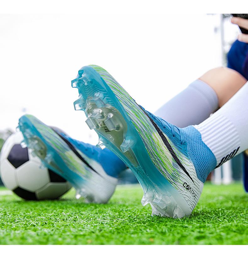 Youth High-Top AG Football Boots with Long Studs, Non-Slip Outdoor Grass Training Shoes