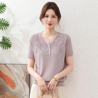 Mom's 2026 Stylish Ice Silk Short-Sleeve Top for Middle-Aged & Elderly Women - Lightweight Knit Summer Shirt