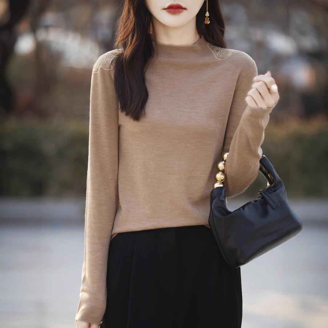 

Women s Semi-High Neck Lace Shoulder Wool Knit Pullover Sweater Medium