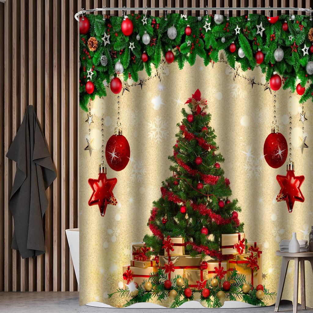 4-teiliges Weihnachtsbaum-Duschvorhang-Set, wasserdichtes Vorhang-Set mit 12 Haken, Badezimmerteppich, Toiletten-U-förmige Matte, Toilettendeckel-Abdeckungspolster