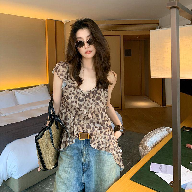 Retro Leopard Print Ruffle Sleeveless Tank Top - Women s Summer Blouse Small