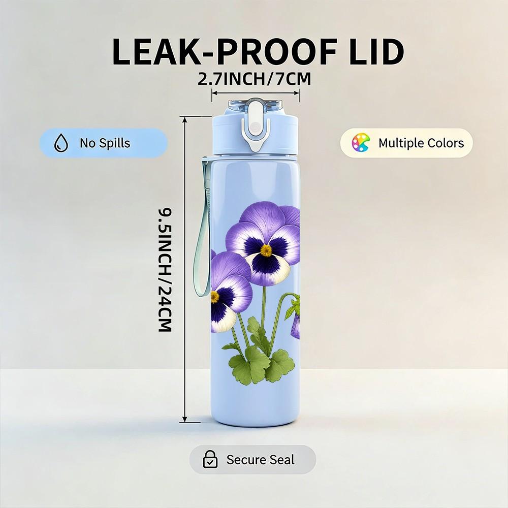 1PC Purple Pansy Flower Bouquet 750ml Color Plastic Sports Water Bottle Leakproof Flip Straw Lid Suitable for Sports Office Home Use