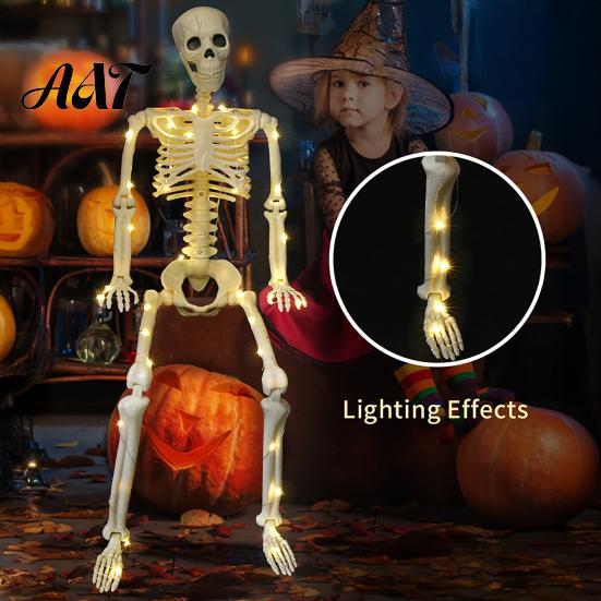 Halloween Decorations Outdoor 36 Inches LED Light Up Skeleton, 3FT Life Size Full Body Indoor Party Decor Posable Plastic Human Bones with Movable