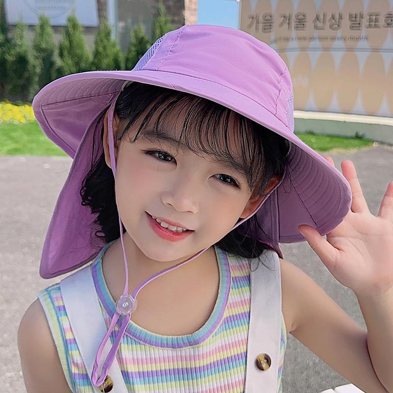 

1083 spring and summer children s hats boys and girls outdoor sun protection visor big brim shawl neck bucket hat фиолетовый