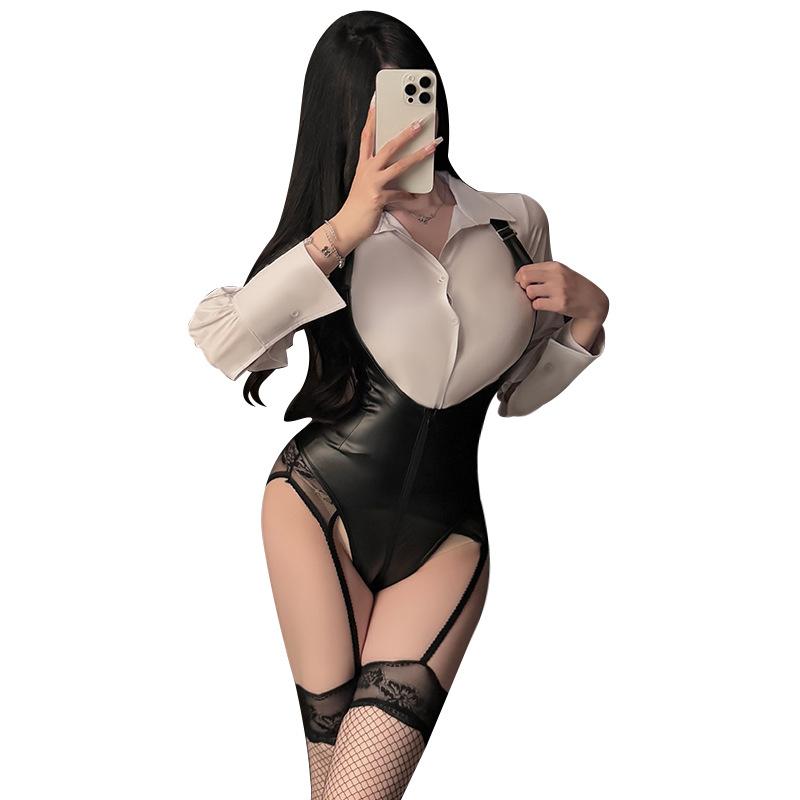 Sexy Lingerie Sexy Straps OL Secretary Suit One-piece Hottie Patent Leather Instructor Uniform Seduction Woman