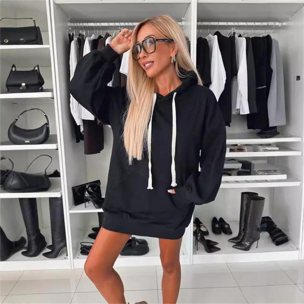 2024 Autumn/Winter Women's Long Sleeve Solid Color Hooded Loose Sweatshirt