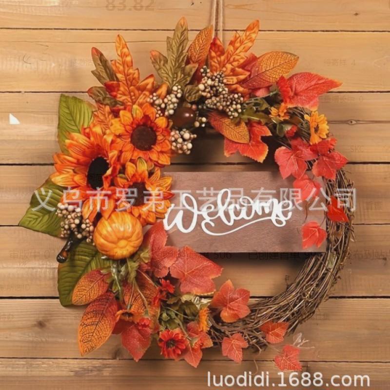 Harvest Wreath With Pumpkins Berries Vine Circle Halloween Thanksgiving Door Decor