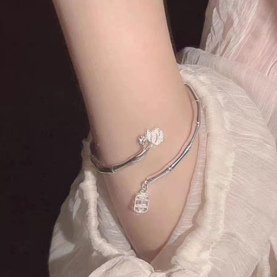 Peace Bamboo Knot Lotus Bracelet Open Bangle Solid Bamboo Knot Lotus Peace Gift for Girlfriend Couple Style