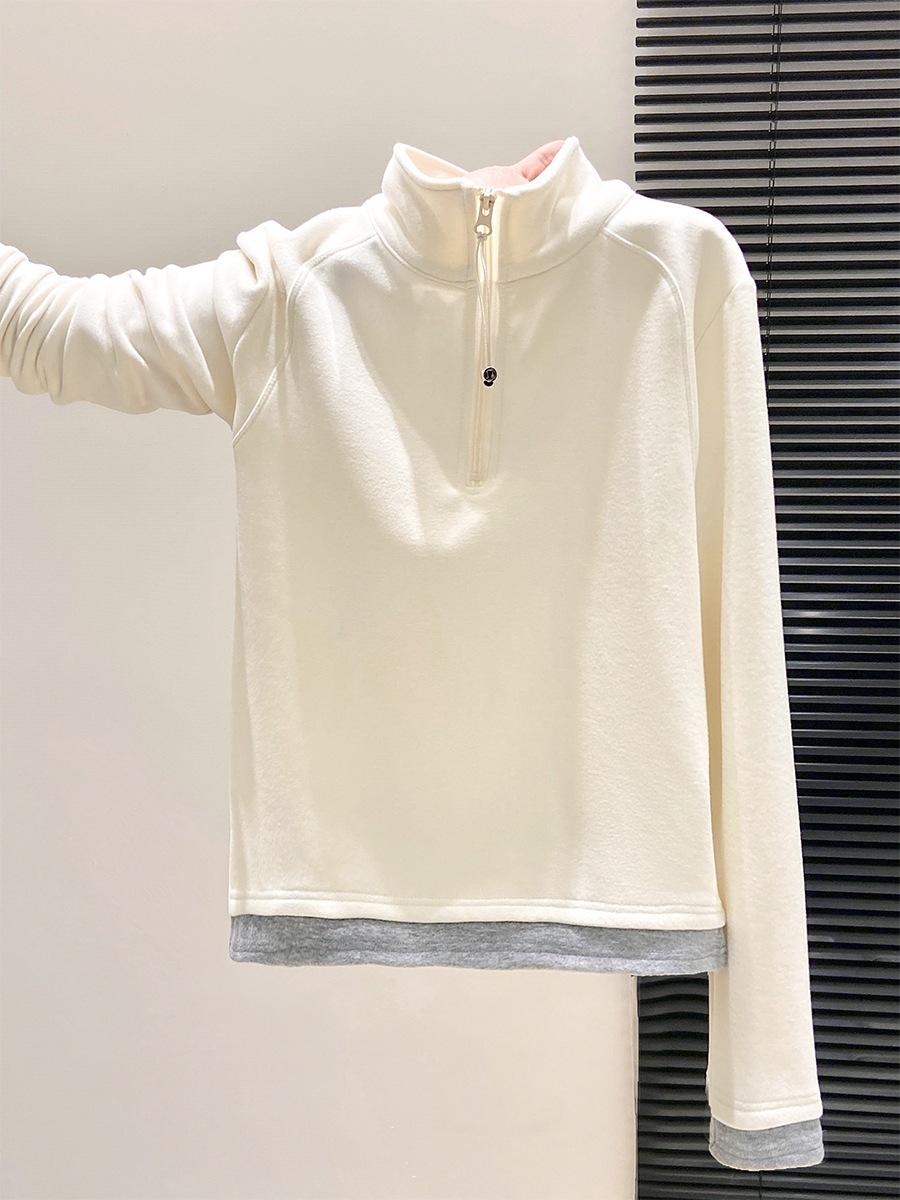 

Women s Stylish Contrast Collar Long Sleeve Zipper T-Shirt, Autumn/Winter Brushed Base Layer Medium