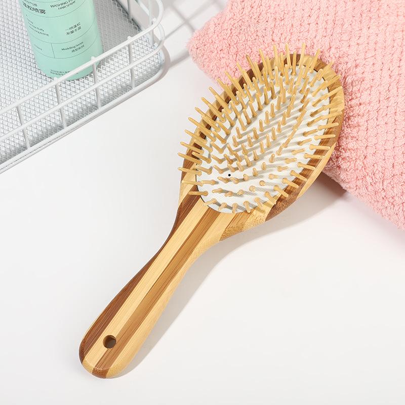 Professional Oval-shaped Natural Bamboo Hairbrush Anti-Static Airbag Scalp Massage Brush with Cushion Pin Paddle Detangling Comb