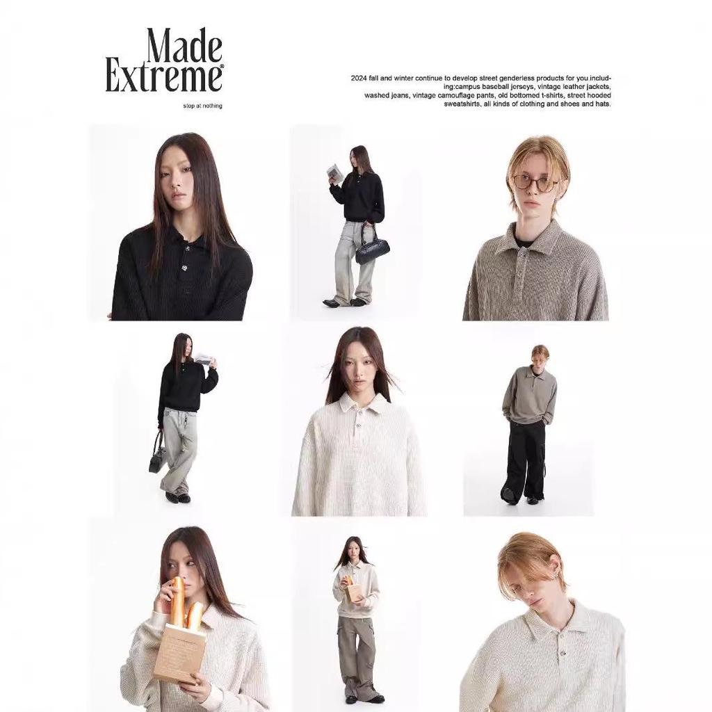 MADEEXTREME 380g Textured Vintage Preserved Flower Button Knit Long Sleeve Polo with Turn-Down Collar