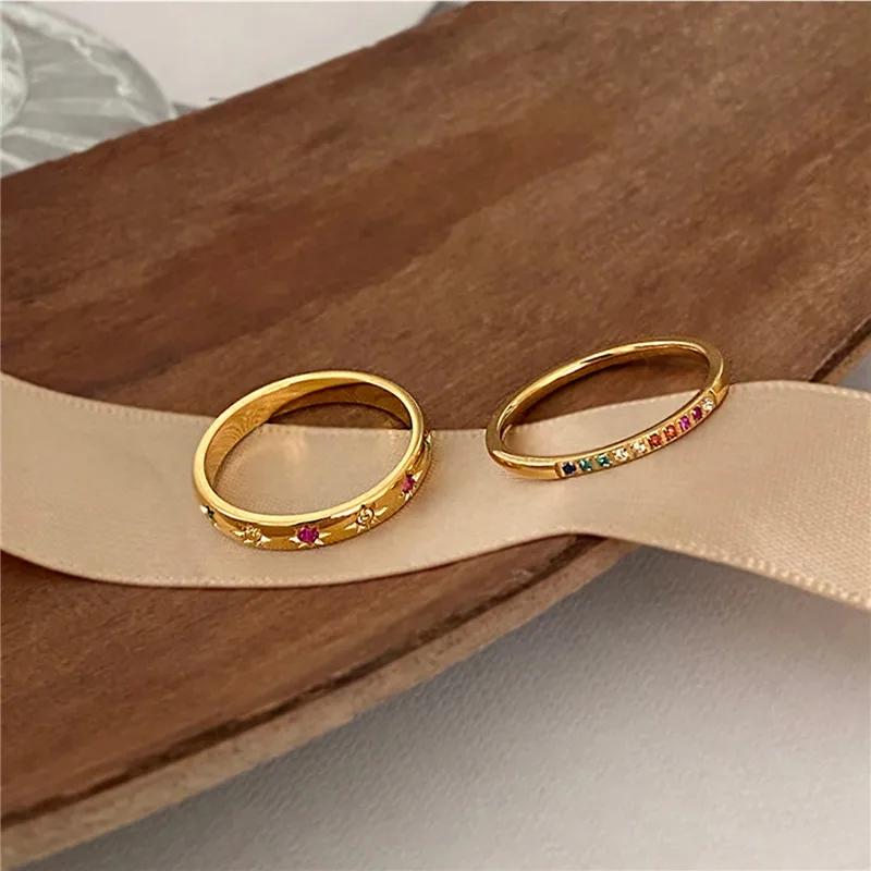 2PCS/Set Stainless Steel Rainbow Color Cubic Zircon Stone Finger Rings for Women INS Gold Color Waterproof Stars Ring Zircon