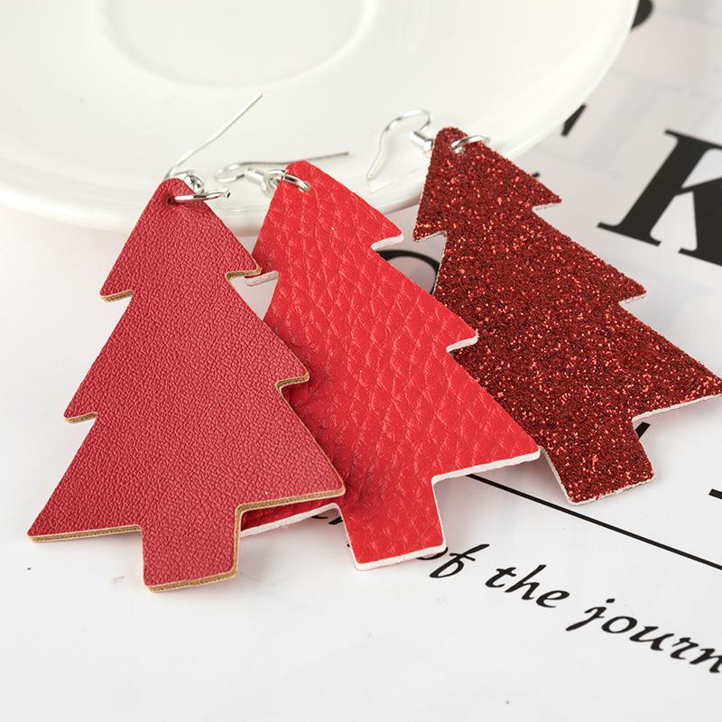 Cross-border Christmas Tree Double-sided PU Leather Teardrop Earrings