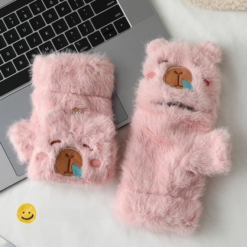 Cute Capybara Plush Gloves Half Finger Flip Cover Fleece Lined Thickened Riding Warm Winter Touchscreen Compatible Student