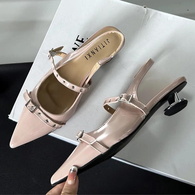 

Fashion Rivet Metal Belt Buckle Design Low Heel Sandals Women Sexy Pointed Toe Patent Leather Slingbacks Round Heel Women Pumps Mules 40 абрикосовый