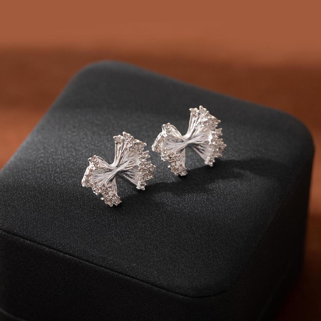 Silver Needle Elegant Bow Earrings - Pleated Irregular Design for Sophisticated Women