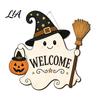 Halloween Party Decor Wooden Ghost Welcome Sign for Front Door, Rustic Cartoon Hanging Door Hanger Plaque with Pumpkin Wizard Hat And Broom