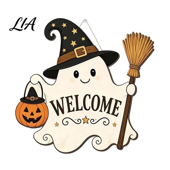 Halloween Party Decor Wooden Ghost Welcome Sign for Front Door, Rustic Cartoon Hanging Door Hanger Plaque with Pumpkin Wizard Hat And Broom