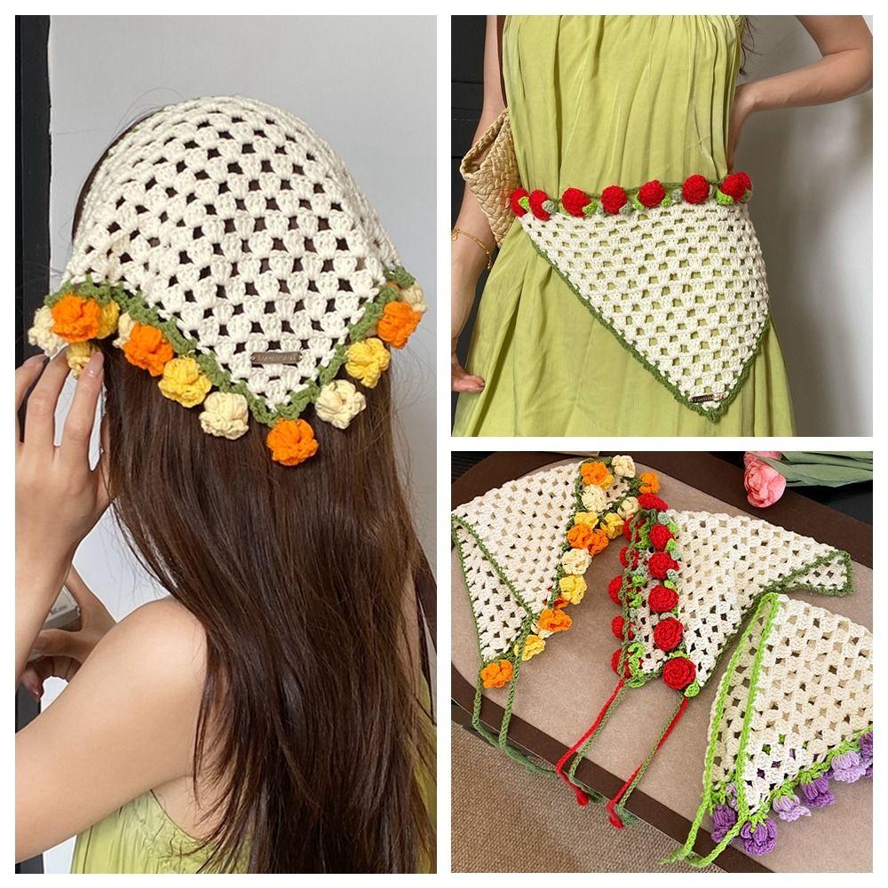 Floral Triangle Turban Flower Women Hair Scarf Cute Crochet Bandana  Children