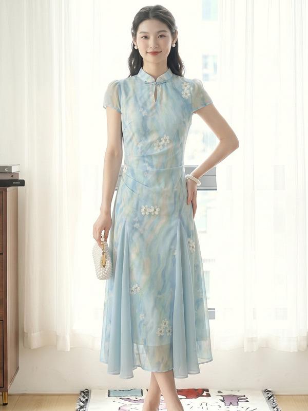 [Spot] Summer new new Chinese stand-up collar embroidery gentle temperament medium and long retro dress women's dress