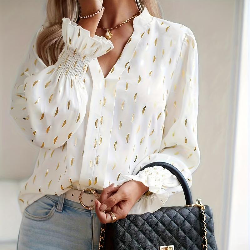

Женская элегантная рубашка больших размеров с позолоченным топом с длинными рукавами и V-образным вырезом XL белый