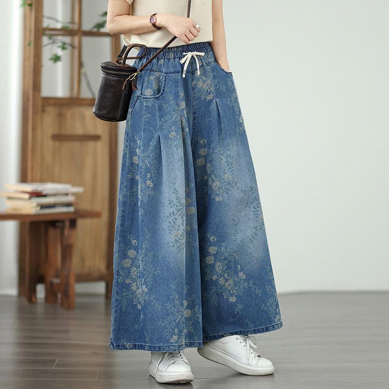Loose High Waist Wide Leg Jeans Printed Elastic Waist Casual Denim Pants Women Summer Fashion Straight Pants 2026