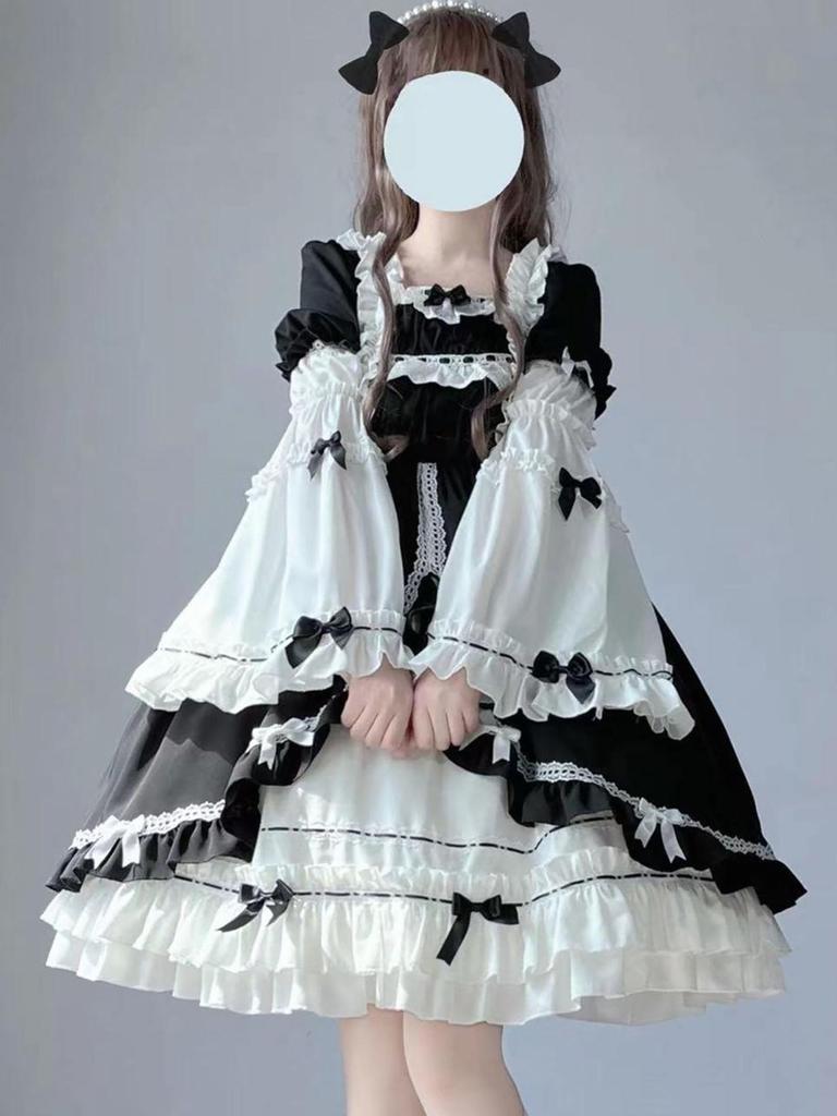 Jundakara Princess Sleeve Dress with and Removable Arm Cute Ruffles and Lolita Girly Student Black and Size M Women's Lace-Up Covers, Ribbons, A-Line,