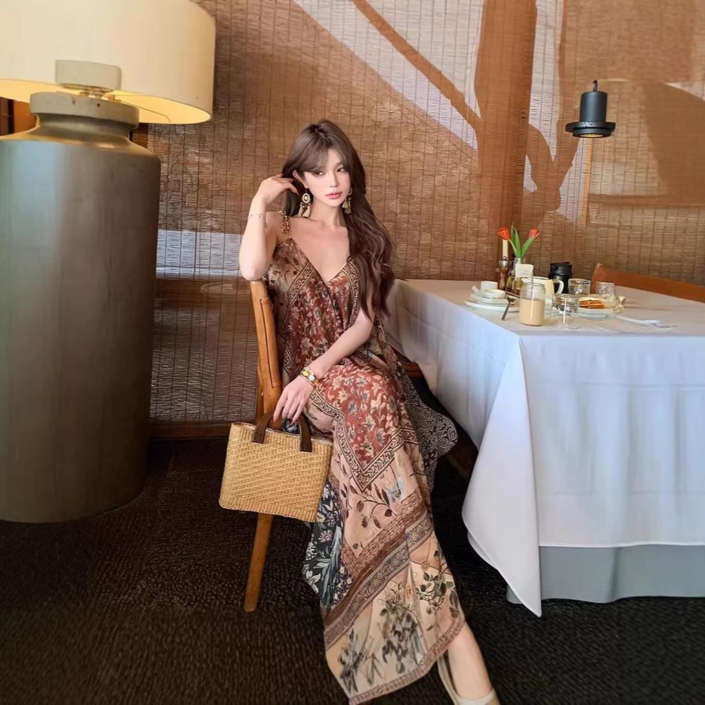 Positioned Print Loose Spaghetti Strap Dress for Women, Summer Bohemian Lazy Vacation Style