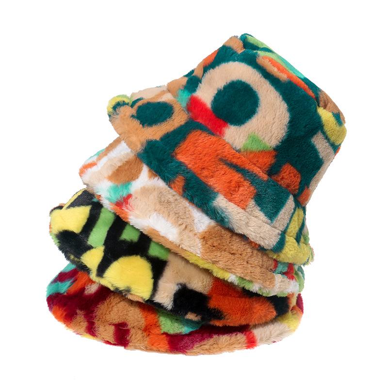 European and American Internet Celebrities Basin Hat Imitation Rabbit Fluffy Hat Autumn and Winter Fashion Trend Color Letter Bucket Hat 