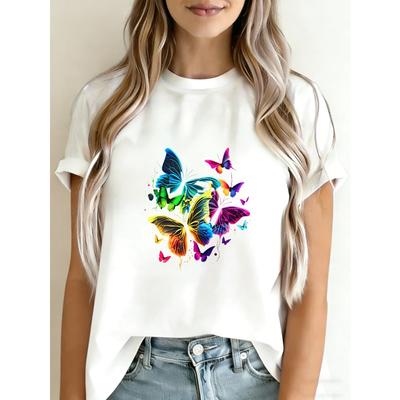 Butterfly Print T Shirt White Colorful Butterflies Pattern Casual Wear For Women Summer Outfit Fashion Top