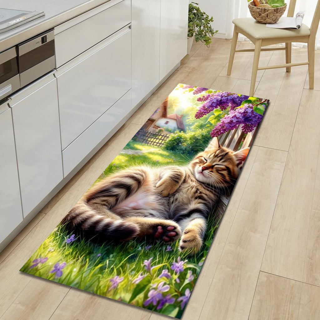 1Pcs Cute Cat Pattern Floor Mat Modern Kitchen Polyester Rug Non-Slip Colorful Indoor Carpet, For Home Bathroom Bedroom Living Room Decor