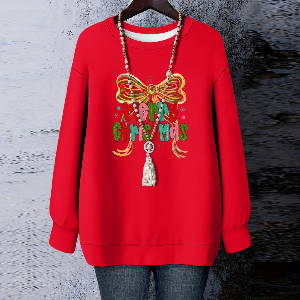Ladies' Christmas Printed Round Neck Long Sleeved T-shirt Sweatshirt Top