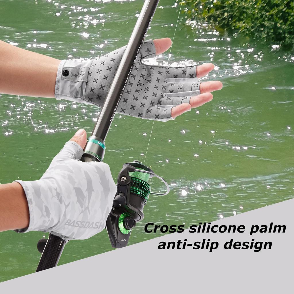 BASSDASH Angeln UPF Unisex Handschuhe, 3/4 Finger, 50+, Rutschfest,