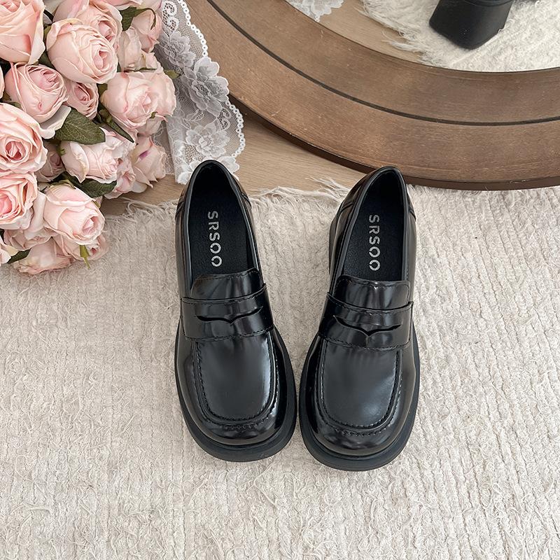 

Brown British style small man thick heel heightened small leather shoes women s 2025 new summer skirt retro loafers 35 чёрный