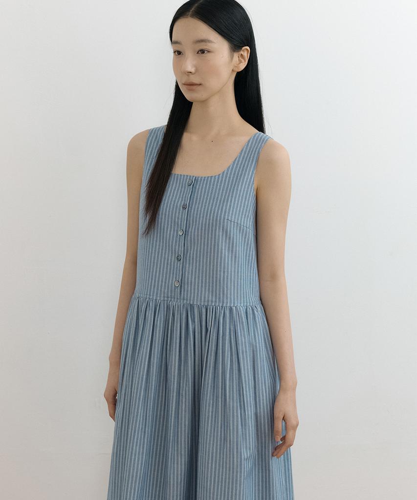 Lingseoul Striped Square Neck Sleeveless Dress-Blue