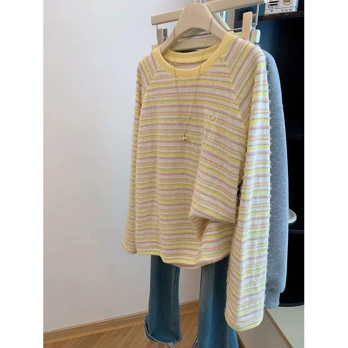 Women s Cross-border Color Block Stripe Long Sleeve T-shirt - Autumn/Winter Casual Slimming Top 4XL