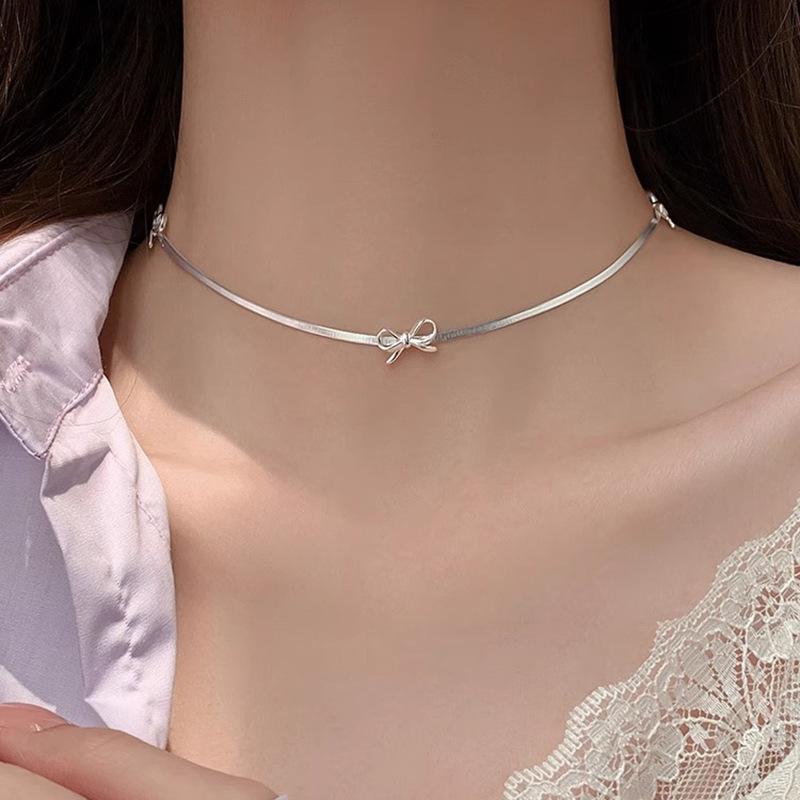 

PANJBJ 925 Sterling Silver Bowknot Necklace for Women Girl Snake Bone Chain Sweet Choker Jewelry Party Gift Dropshipping