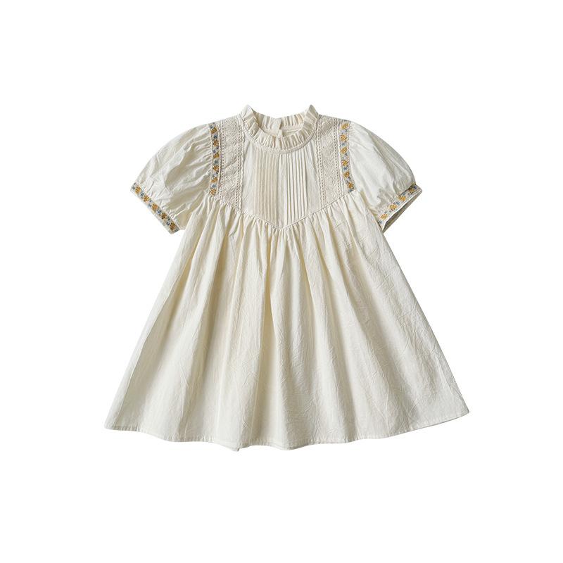 Summer Girls Pleated Dress Stand Collar Lace Embroidery Elegant Children Skirt Fashionable Kids Clothing 90cm