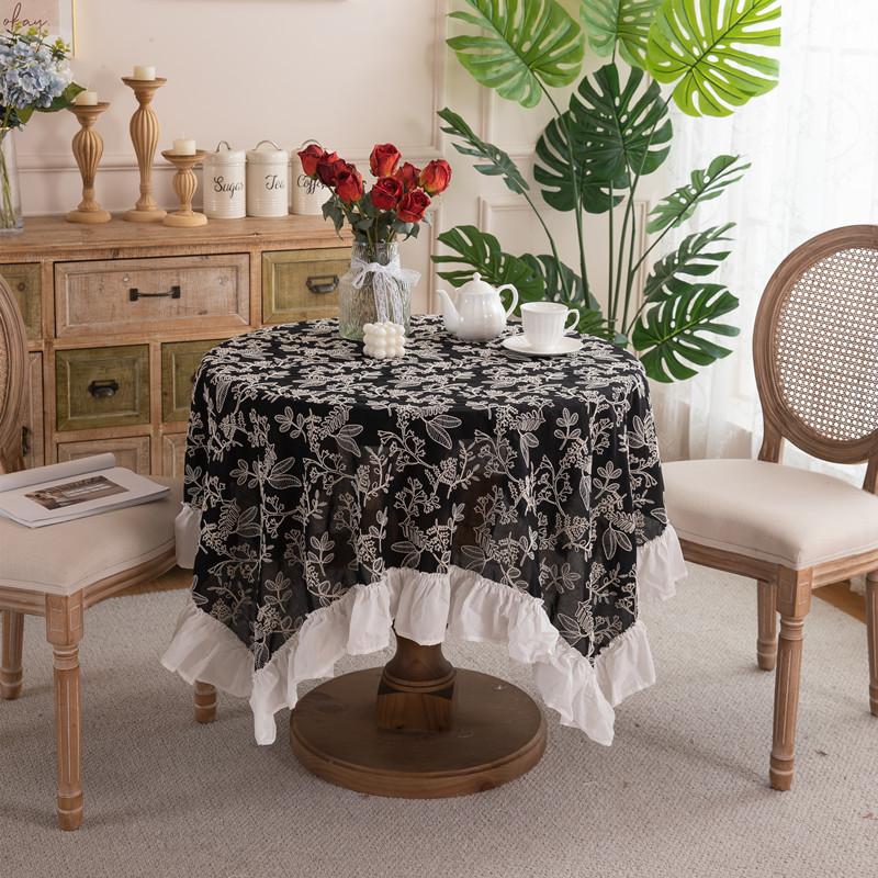 French Cotton Embroidery Black And White Waterproof And Oil-Proof Skirt Ruffle Leaf Fungus Edge Coffee Table Tablecloth Dining Table Cloth