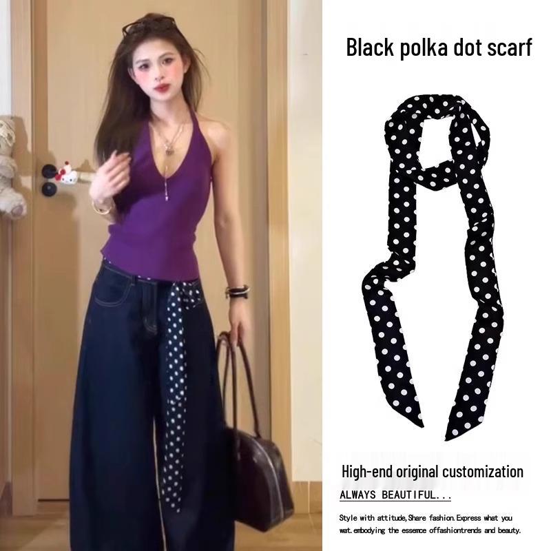 Czarny Paskowany Jedwabny Szal Pasek: Dodatek - Pasek do noszenia w talii i wstążka na szyję do podwójnego użytku