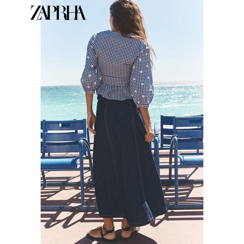 Zaprha 2025 Summer New Versitile Fashion Embroidery Small Plaid V-neck Puff Sleeves Top 3564052