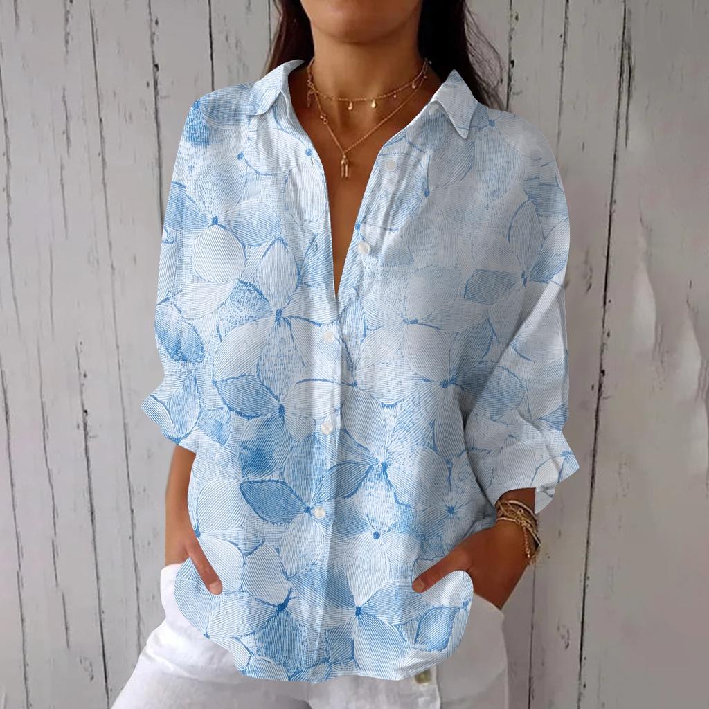 Women's Fashion Seven Sleeve Casual Lapel Back Tie Shirt Printed T-Shirt Top