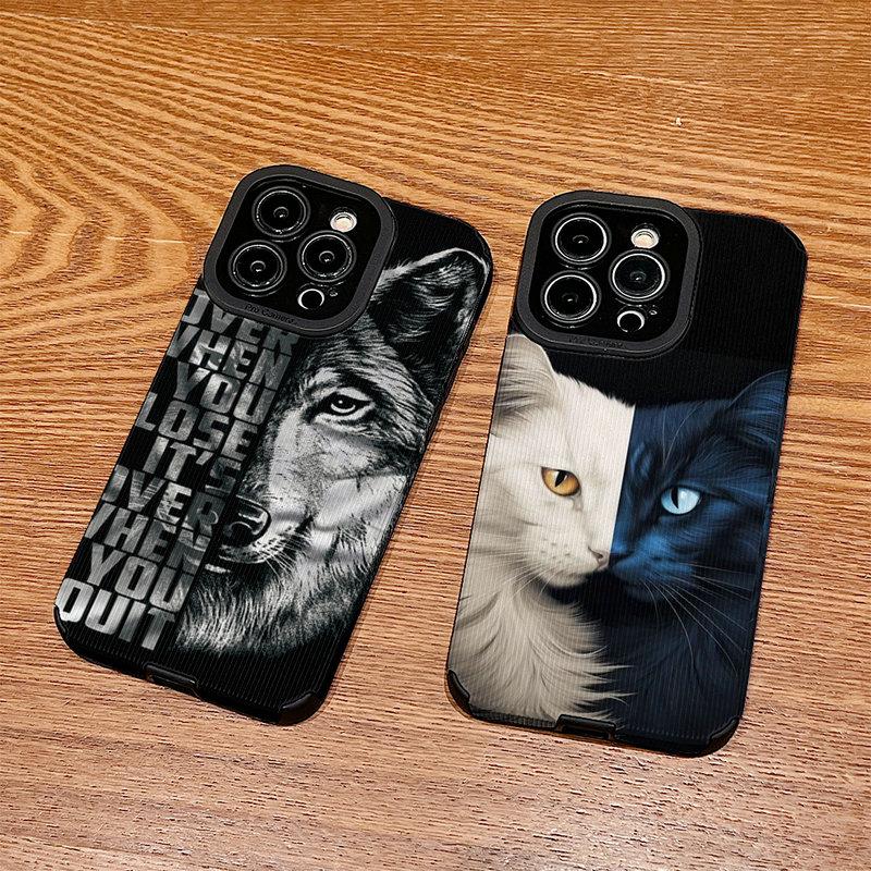 Handyhülle aus Leder mit vertikaler Maserung, Wolfskatze-Druck, weiches Silikon, Rückseite, mit vollem Kameraschutz für Samsung