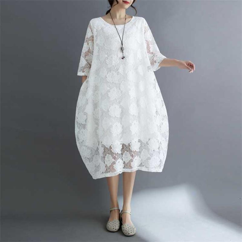 Summer Ethnic Style Lace Vintage Loose Dress Women Print Solid Color Round Neck Patchwork Pocket Long Sleeved Casual Versatile Dresses