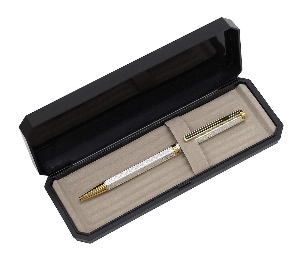 Takizawa Brass Hexagonal Rotating Ballpoint Pen with Gold Leaf In a Black Mm Brass Hexagonal Engraved Handle Rotating Ballpoint Fully Silver