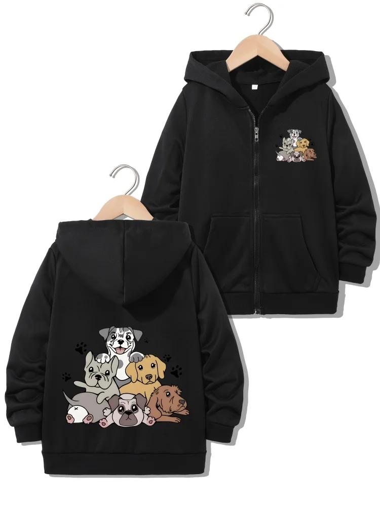 Children Full Zip Hooded Sweatshirt Multiple Dog Breeds Graphic Loose Daily Outerwear With Front Pocket