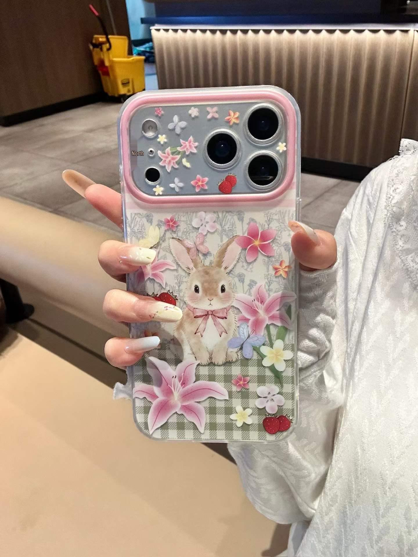 

Pastoral Style Rabbit and Flower Plaid Oil Painting Case for iPhone 17 Pro Max/15/16 Apple 16