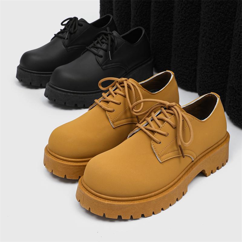 Fashion Men's British Low-Top Yellow Derby Work Boots Big Round Toe Chunky Sole Leather Shoes Durable Non-Slip Casual Comfort Footwear