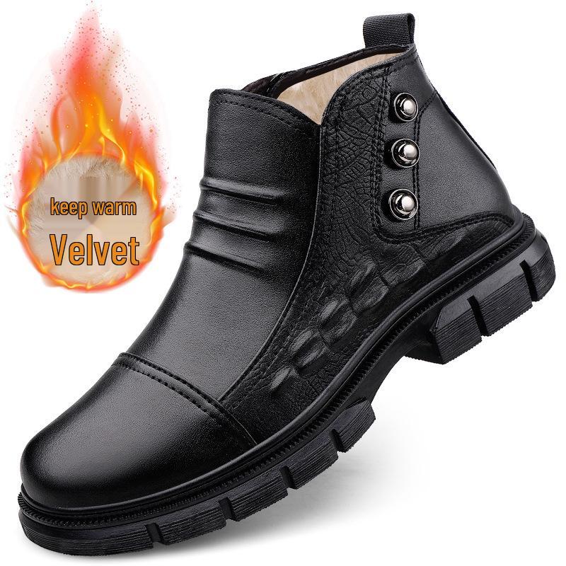 Men's High-top Sock Martin Boots: Outdoor Workwear Shoes, Autumn/Winter Cowhide Leather with Velvet Lining, Casual Cotton Design.